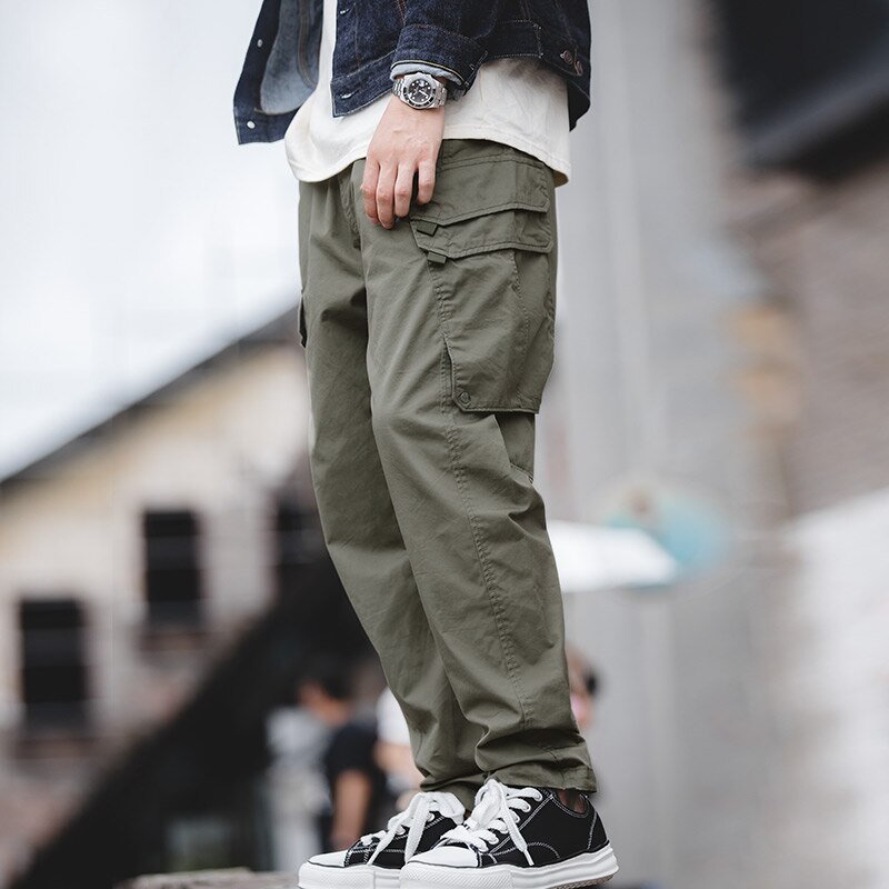 Maden Cargo Tactica Pant Men Multi-bag Vertical Multifunctional Straight Canister Foot Pant Draw Rope Army Green Casual Trousers