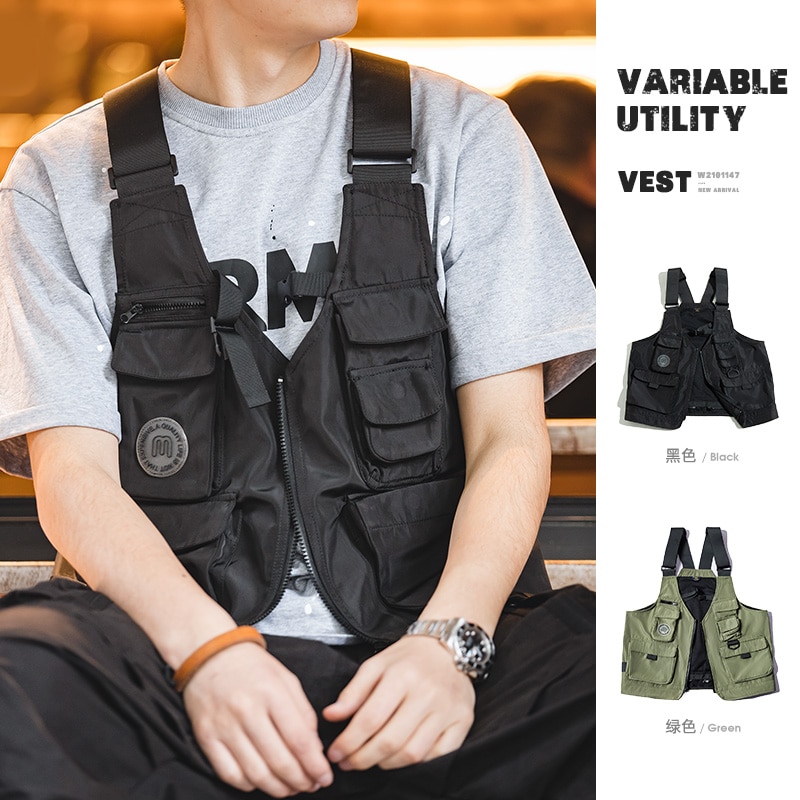 Maden Men Multi-pocket Tactical Vest Jacket &amp; Bag Japan Retro Multi-function Photography Waistcoat Wide Shoulder Strap Solid Bag