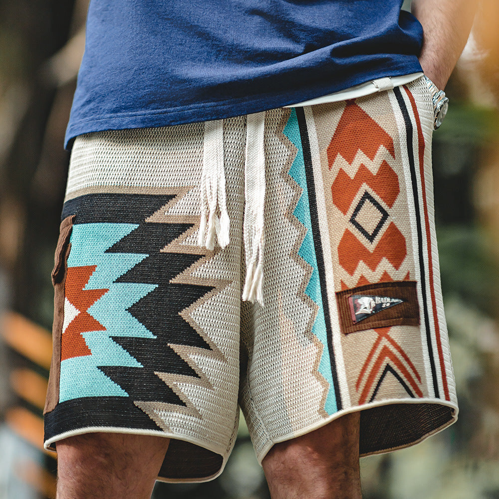 Maden American Navajo Knitted Shorts Contrast Embroidery Geometry Beach