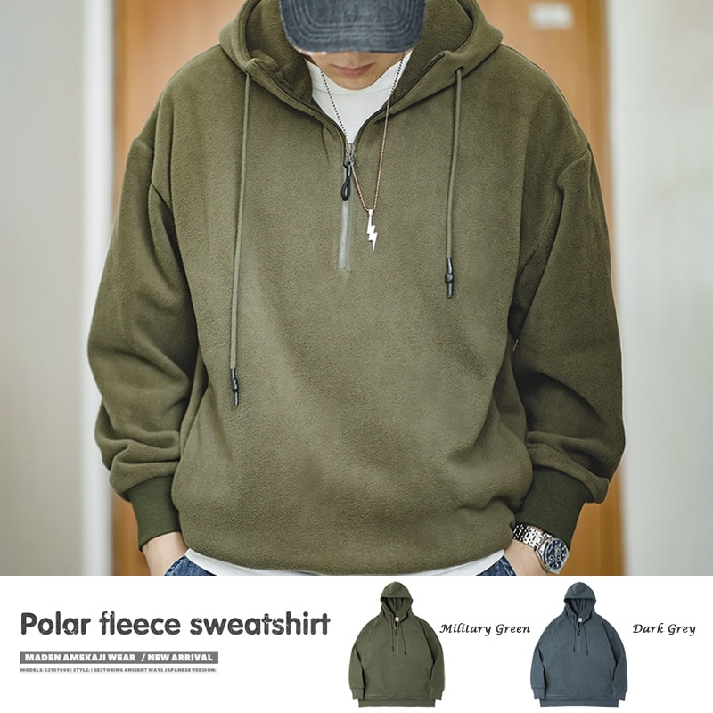 Maden Men Amekaji Solid Fleece Hoodies Sweatshirts Japan Retro Casual Oversize Thick Winter Pullover Hoody Tops