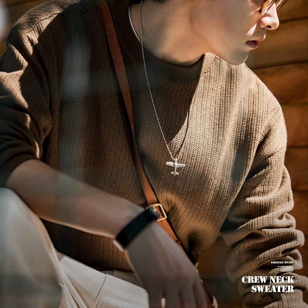 Maden Crew Neck Knitted Hoodies Men’s Warm Lazy Style Loose Pullover Drop Shoulder Vintage Sweater Casual Solid Color Sweatshirt