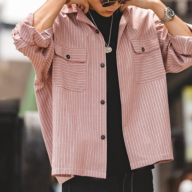 Maden Striped Cuban Collar Retro Patchwork Vintage Men Shirt