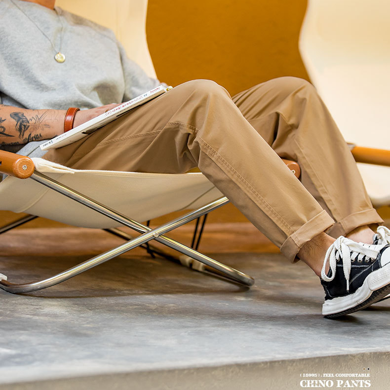 Maden American Retro Brushed Chino Pants Stretch Slim Trousers