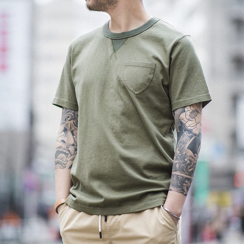 Maden  Summer New Solid Male T-shirt 100% Cotton Retro Army Green Simple Round Collars Pocket Short Sleeves Amekaji Men T-shirt