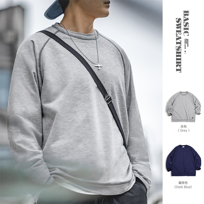 Maden 2023 Spring New Casual O-neck Long Sleeve T-shirts for Men Solid Color Oversized Sweatshirt Gray Essential Tops Plus Size