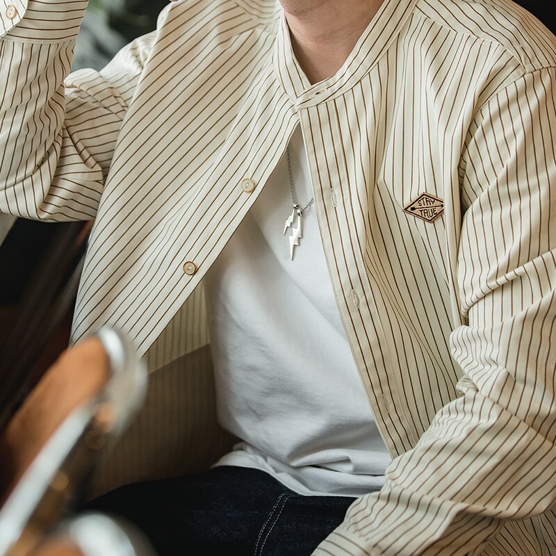 Korea Styel Retro Stripe Men&#39;s Shirt Loose Leisure Cotton Long Sleeve Stand Collar Shirt Male Clothes Plus Size
