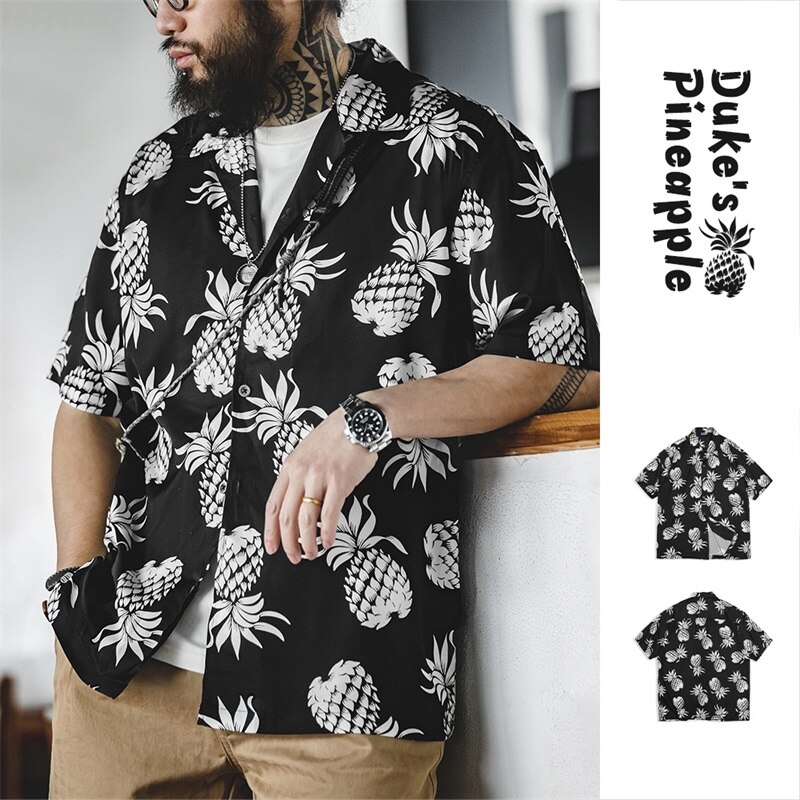 Maden Vintage Hawaiian Pineapple Print Shirts for Men Beach Holiday Button Down Short Sleeve Shirt Summer Causal Vacation Tops