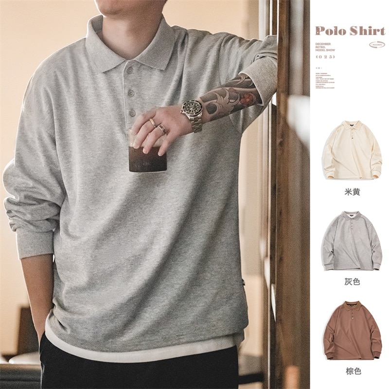 Maden 2023 Spring Vintage Oversize Polo Shirts for Men Business Casual Solid Color Long Sleeve T-shirt Stylish Lapel Plain Tops