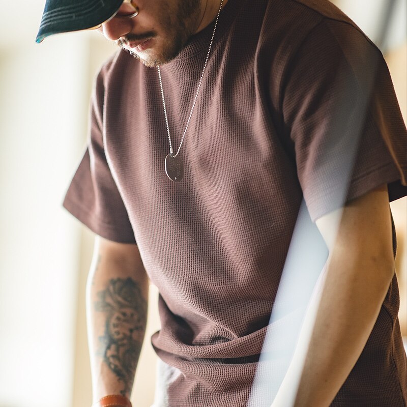 2023 Maden Brand Summer New American Style Waffle Pattern Round Neck Knit Short Sleeve Breathable T-shirt Anti Wrinkle Tee