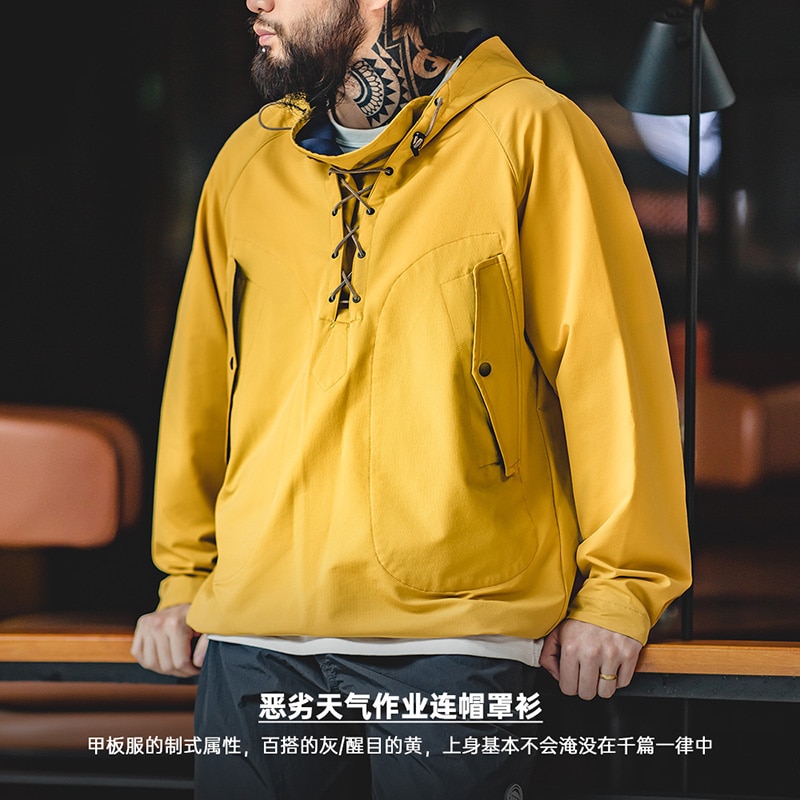 Maden Vintage Hooded Deck Jackets for Men Outdoor Windbreak Drawstring Hoodies Male Oversize Motorcycle Outerwear Big Size Tops