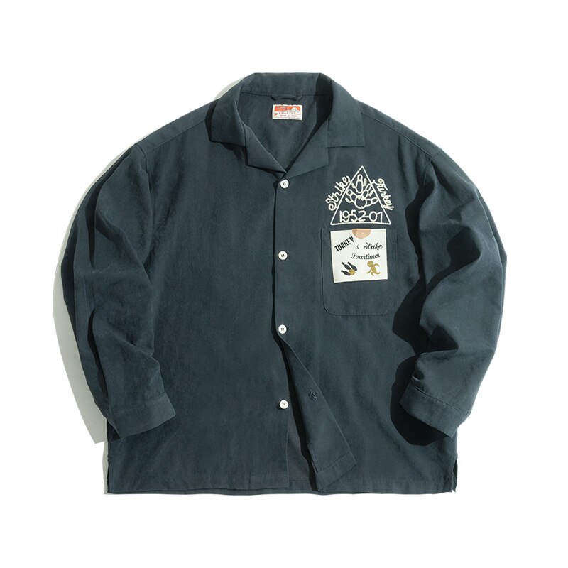 Maden Harajuku Embroidery Shirts For Men Japanese Streetwear Retro Bowling Logo Casual Coat Shirt Solid Soft Breasted Cloth