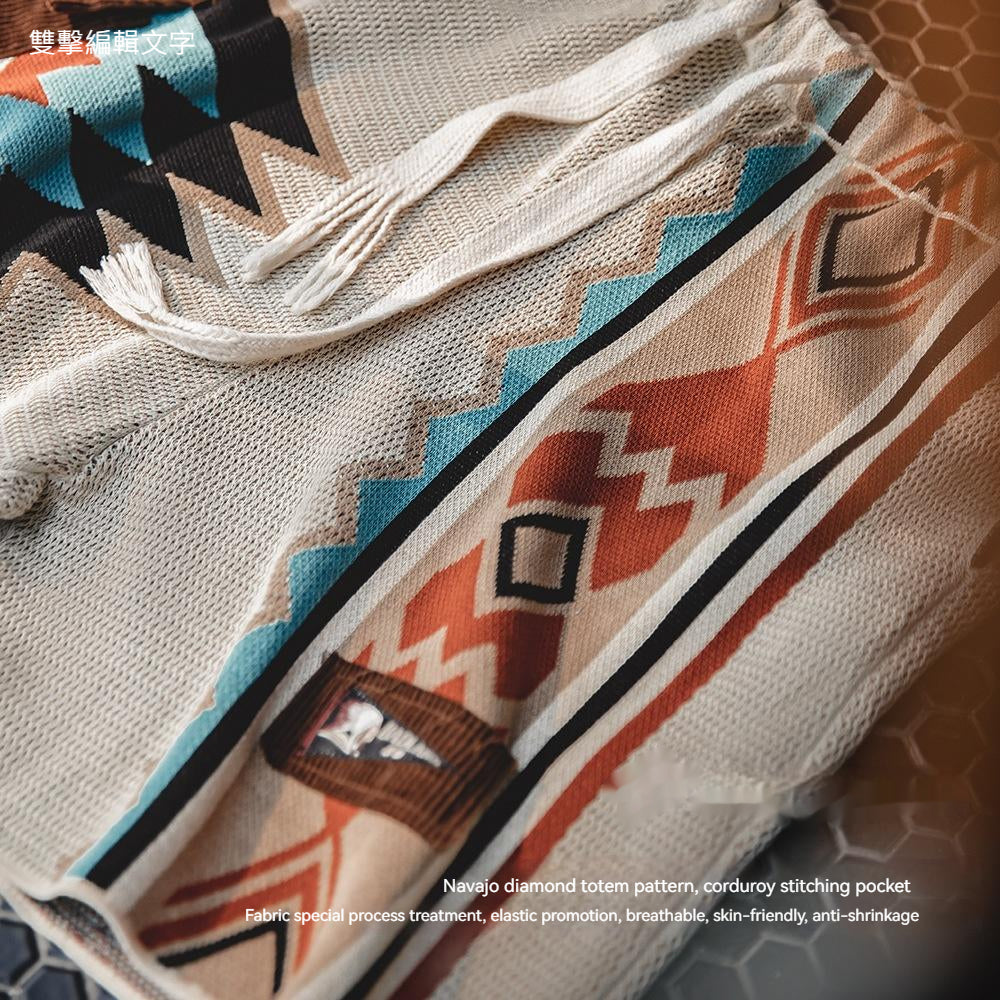 Maden American Navajo Knitted Shorts Contrast Embroidery Geometry Beach