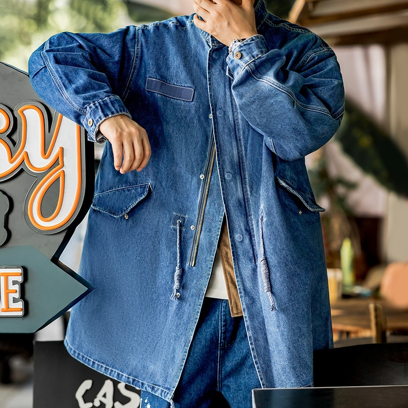 Maden American Retro M65 Denim Fishtail Trench Coats Loose Profile Mid-length Windbreaker Men's Autumn Jackets Casual Overcoat