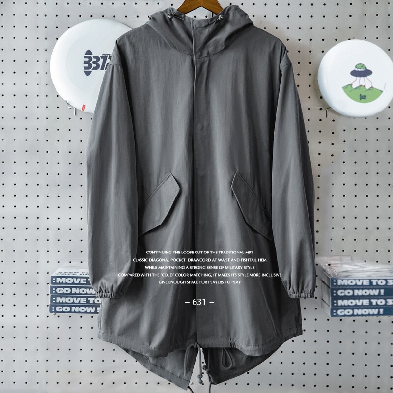 Maden Retro M51 Military Style Hooded Jackets Fashion Fishtail Trench Coat Autumn Man Long Coats Casual Outerwear Solid Jacket