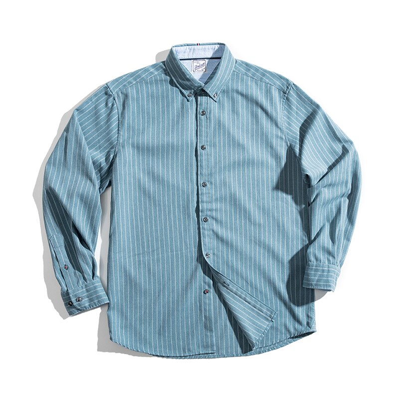 Maden Autumn Retro Blue Striped Shirt For Men Long Sleeve Classic Business Shirt Oxford Cotton Line Men's Clothing Camisas New