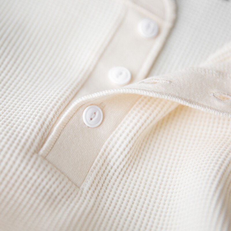 Maden Fit Long-sleeved Pullover T-shirts Men Waffle Cotton Henry T-shirt Sweater Tee Man Clothing Regularly （White ）