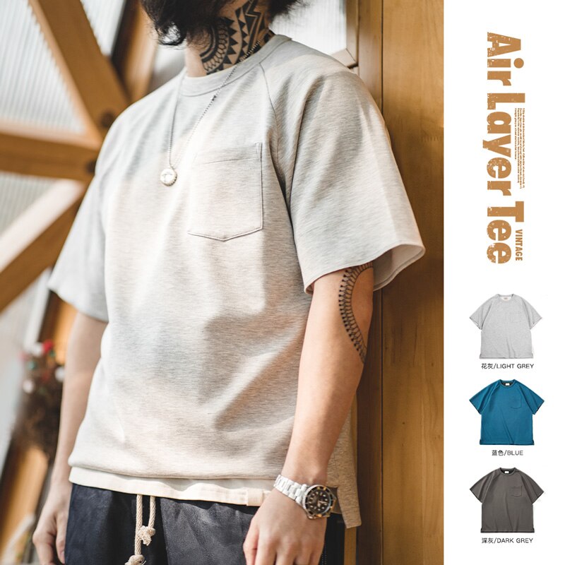 Maden Vintage 320g Heavyweight Air Layer T-shirts Men Casual Oversized T Shirt Pocket Short Sleeve Tees Summer Breathable Tops