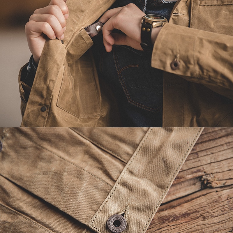 Maden Canvas Oil Wax Men Jackets Khaki Retro Multi-pocket Beaded Canvas Ami Kaji Jacket Big Pocket Solid Vintage Jacket Clothing