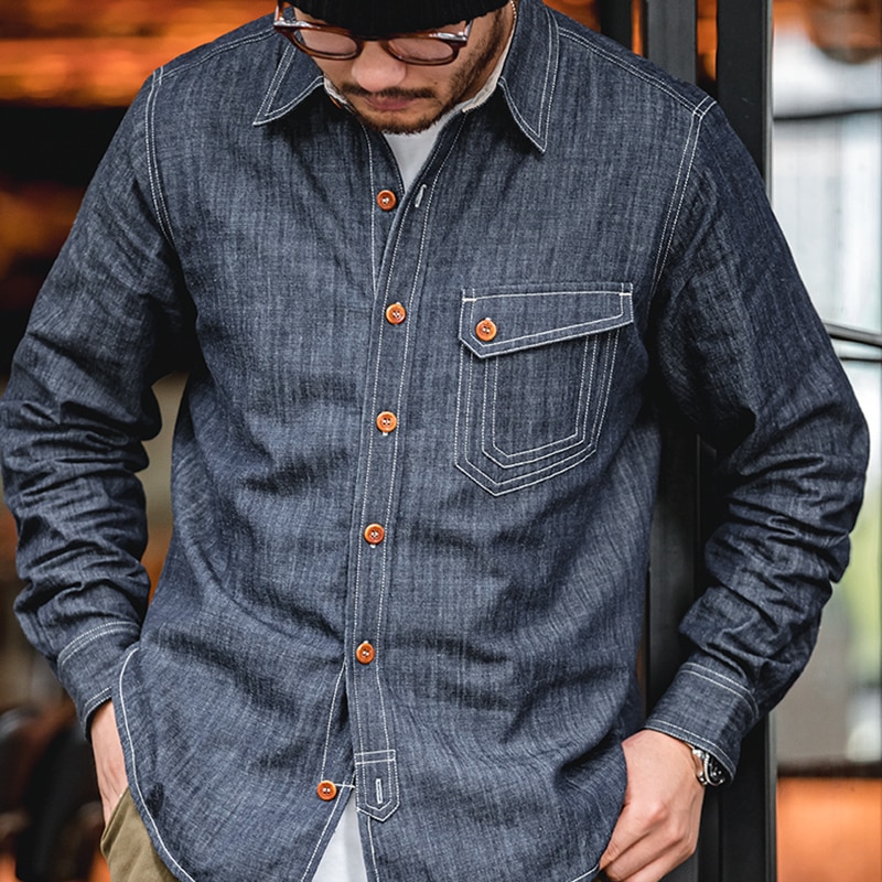 Maden Men Jeans Indigo Washed Solid Work Shirt Selvedge jeans Shirt Denim Shirt Long Sleeve Shirt Jacket Vintage Tops Clothing