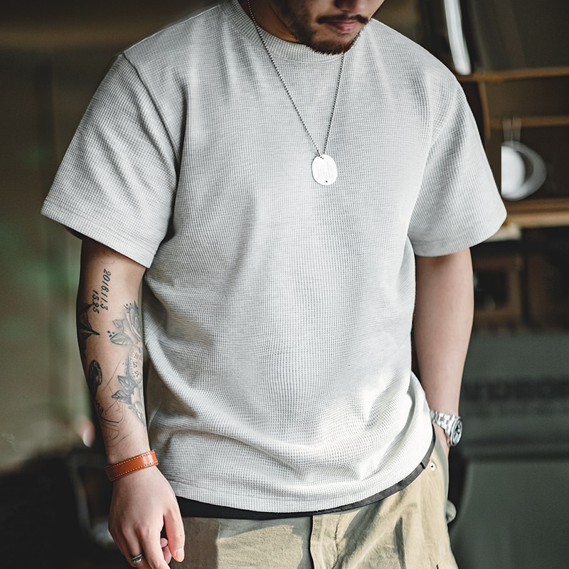 2023 Maden Brand Summer New American Style Waffle Pattern Round Neck Knit Short Sleeve Breathable T-shirt Anti Wrinkle Tee