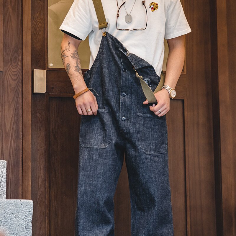 Maden Cargo Salopette Homme Jumpsuit American Vintage Navy Overalls Spring  And Autumn Denim Straight Leg Jeans