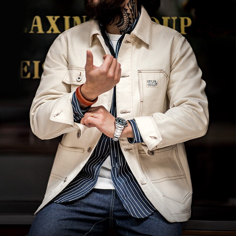 Maden American Vintage Heavyweight Cotton Lapel Jackets for Men Amekaji Multi-pocket Outerwears Male Short Parkas Windbreak Coat