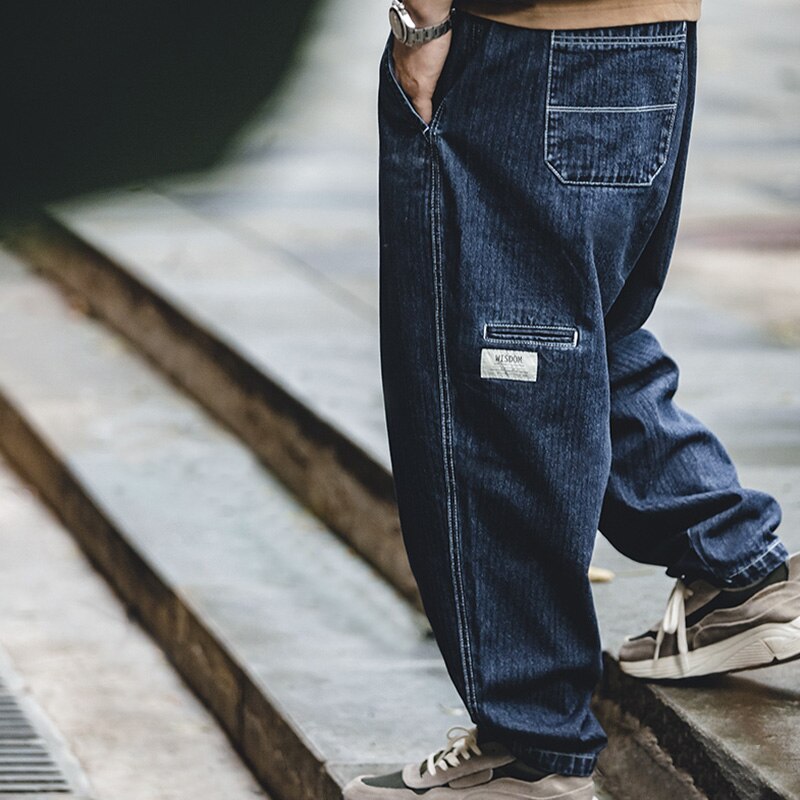 Maden Patchwork Harlan Jeans Japanese Vintage Denim Loose Wide Leg Mid Waist Streetwear Harajuku Trousers No Elastic Male Cargo