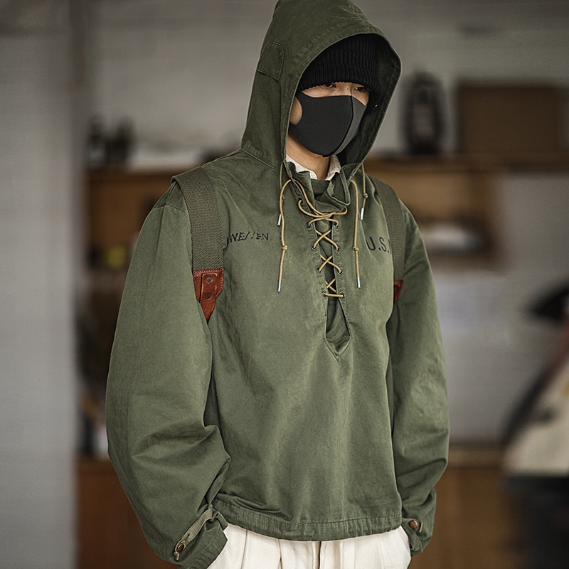 Maden male Hooded Pullover Long Sleeve Deck Parker Jacket Drawstring Neckline Workwear Jacket Green Cuffs Ribbon Closure Jacket