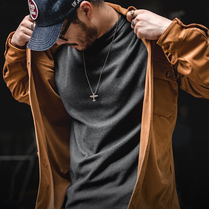 Maden Thick Velvet Warm Long-sleeved T-shirts Stretch Underwear Bottoming Shirt Three Needle Brushed Sweater Autumn O-neck Tops