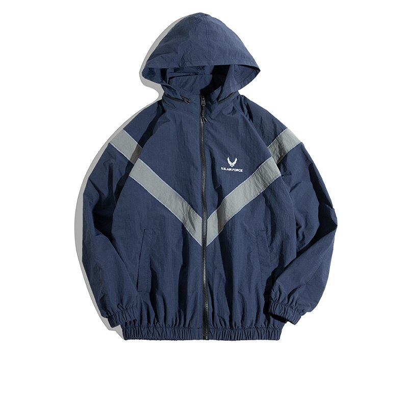 Maden ARMY Bomber Jackets For Men Vintage Training Suit Vibe Wind Reflective Hooded Quick-drying Jacket Male Blue