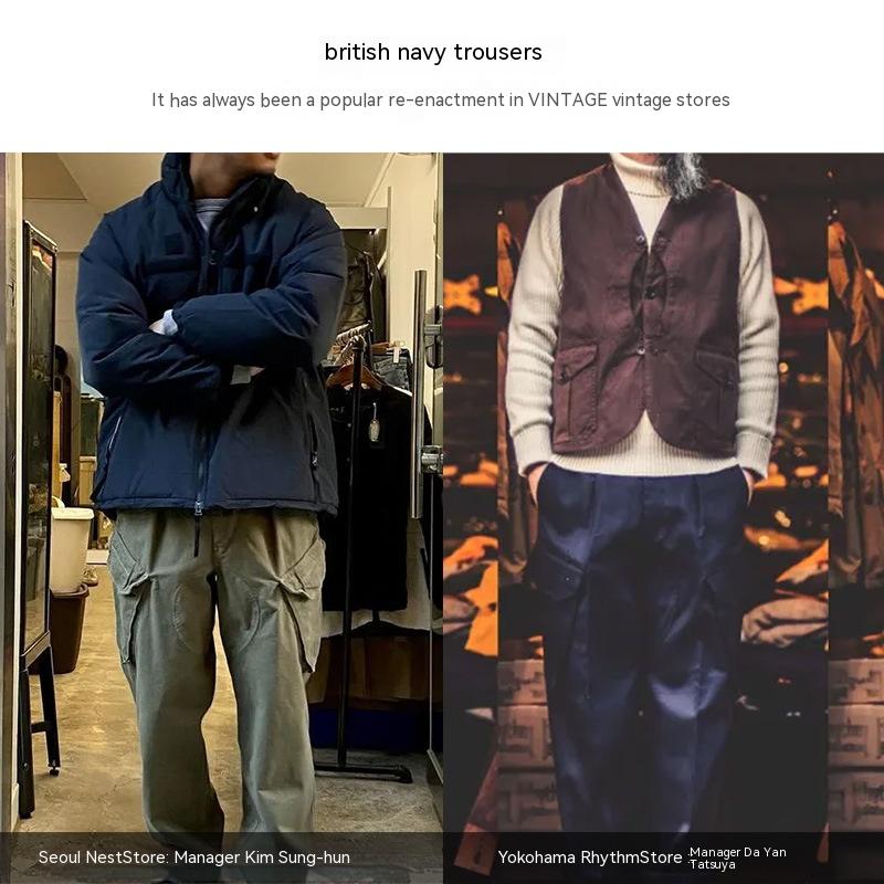 MADEN  Vintage British Tapered Casual Pants Elastic Drawstring Large Pocket Chino Trousers for Men