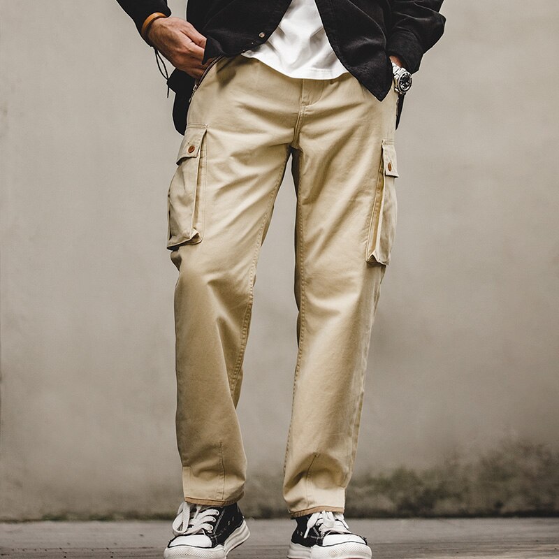 Maden Retro Khaki Tapered Cargo Pants Men Mountain Military Pant Cotton Zipper Pocket Casual Men's Trendy Long