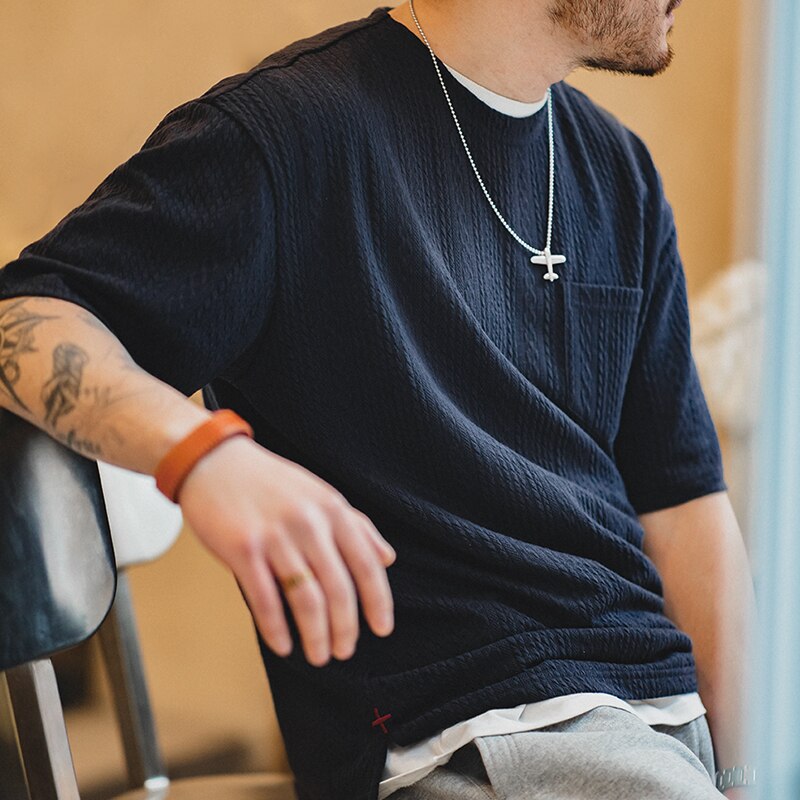 Maden Japanese Retro Jacquard Knit T-shirts for Men 2023 Summer New Oversized T shirts Amekaji Tees Navy Blue Short Sleeve Tops