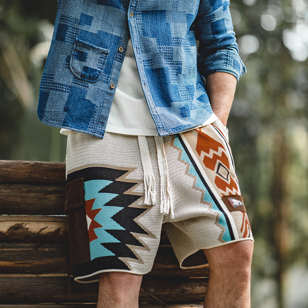 Maden American Navajo Knitted Shorts Contrast Embroidery Geometry Beach
