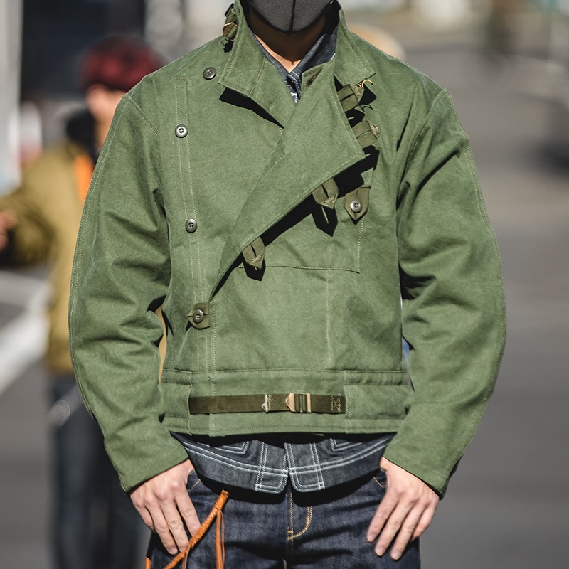 Maden Army Green Retro bomber Jackets Misplaced Oblique Buckle Swedish Motorcycle Mens AMEKAJI Cotton Autumn Winter Coat