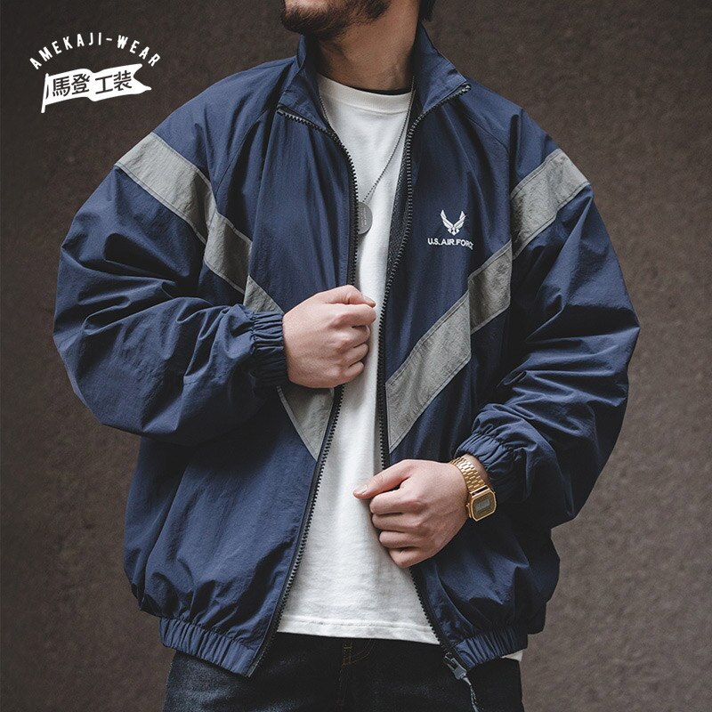 Maden ARMY Bomber Jackets For Men Vintage Training Suit Vibe Wind Reflective Hooded Quick-drying Jacket Male Blue