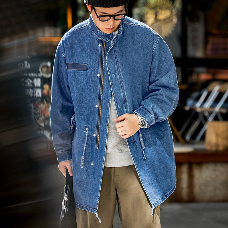 Mens long length deals denim jacket