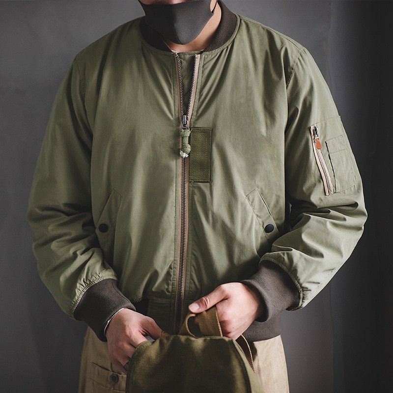 Maden Cargo Retro MA-1 Bomber Flight Jackets Army Green Black Standing Collar Pilot Baseball Coat Zipper Pocket Tops Clothes