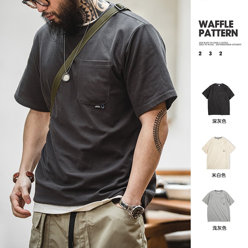 Maden Casual Waffle Pocket Short Sleeve T-shirts Men Loose Basic Solid Color Breathable Tee 2023 Summer Crew Neck T Shirt Tops