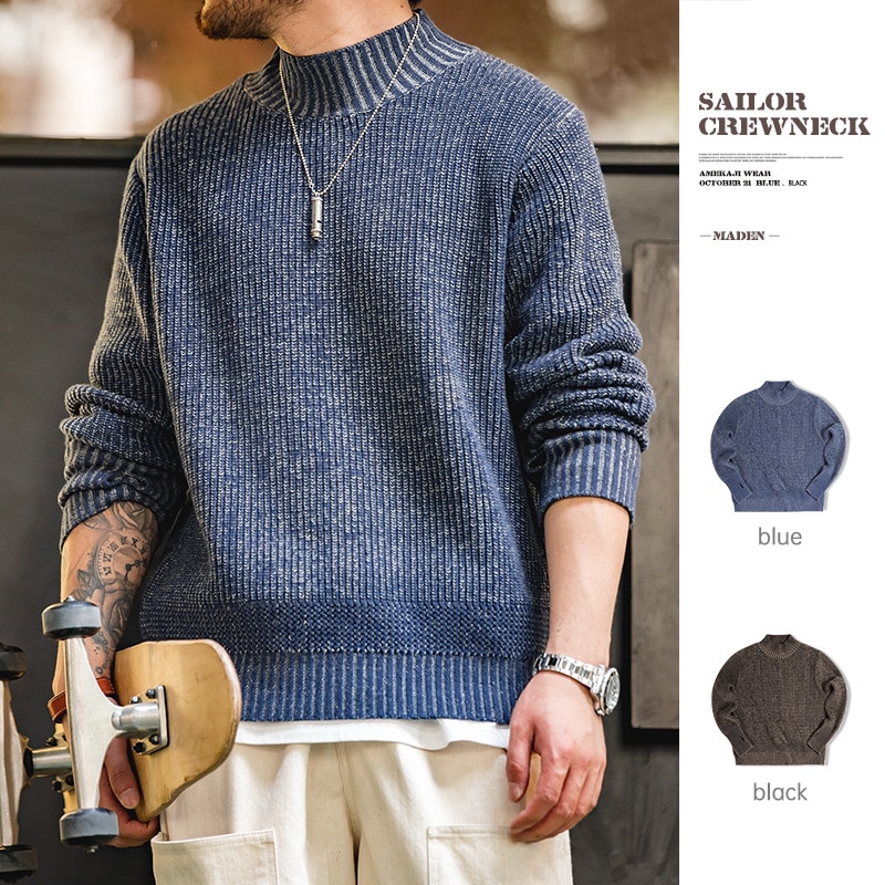 Maden Double Yarn Retro Sailor Crewneck Sweater Variegated Design Men’s Basic Thicken Pullover Winter Autumn Wears Mock Neck
