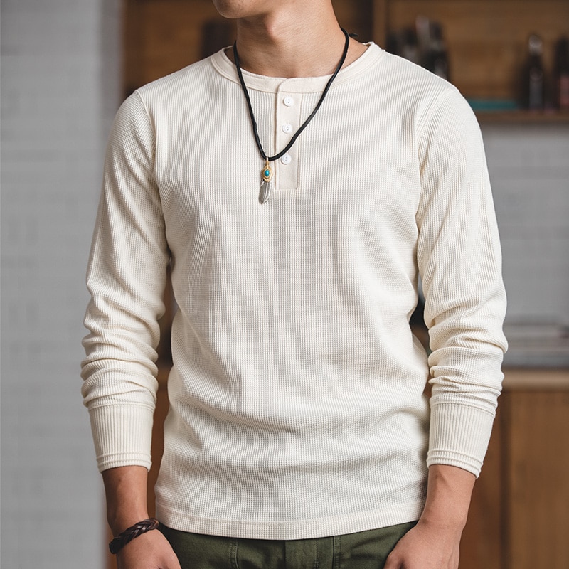 Maden Fit Long-sleeved Pullover T-shirts Men Waffle Cotton Henry T-shirt Sweater Tee Man Clothing Regularly （White ）