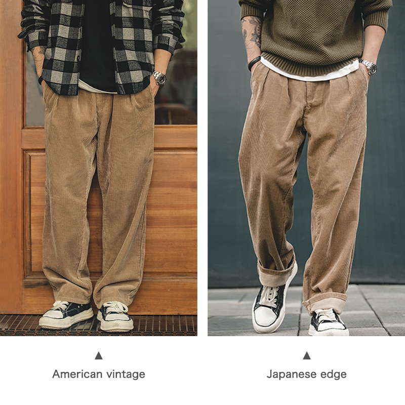 Maden Japanese Retro Loose Corduroy Pants Wide Leg Mid Waist Striped Velvet Straight Trousers Men's Winter Casual  Cargo Pants