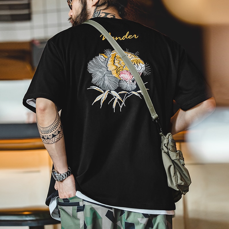 Maden Japanese Vintage Yokosuka Embroidery T-shirts for Men Tiger Head Black 100% Cotton Short Sleeve Tee Summer Graphic Tops