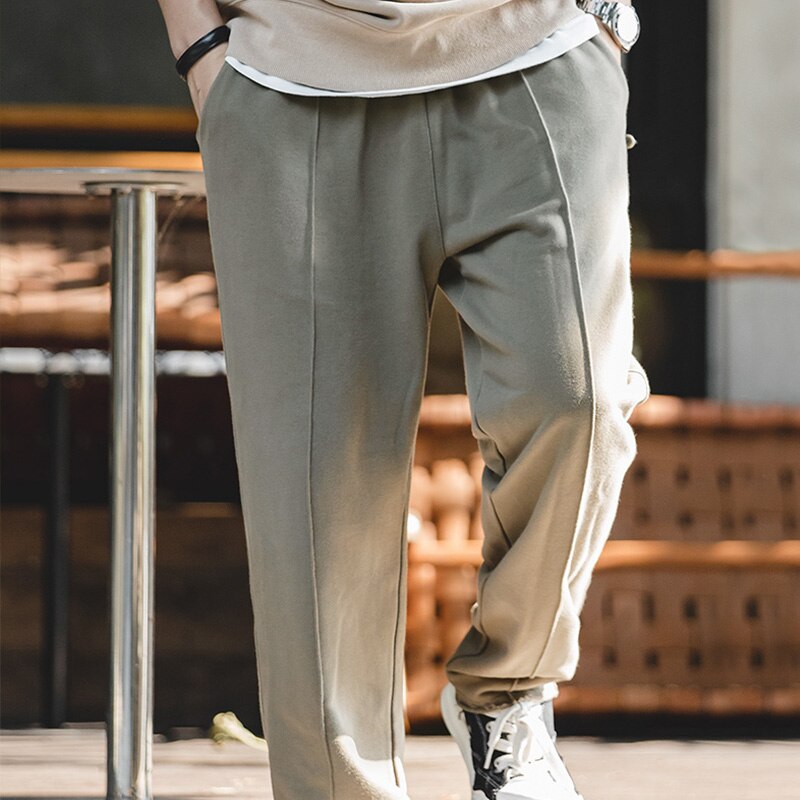 Maden Men Cotton Straight Knitted Casual Pants Draping Cutting Mid Solid Elastic Waist Streetwear Sweatpants Wide Leg Trousers