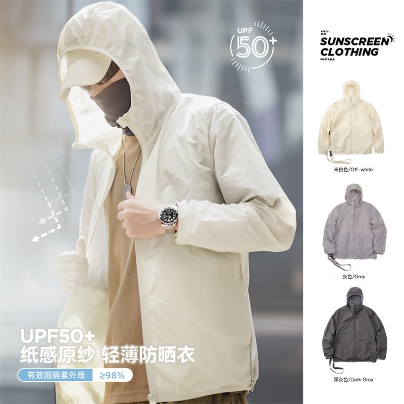 Maden Men's UPF 50+ UV Full Zip Sun Protection Jacket Light Thin  Breathable Packable Fishing Windbreaker Hiking Hooded Skin Coat