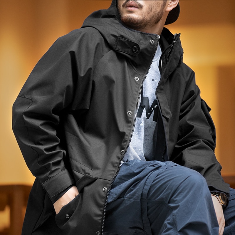 Maden Outdoor Sports Hooded Jacket for Men Motorcycle Black Windbreaker Korean Fashion Trench Coat Casual Long Jackets Outwear