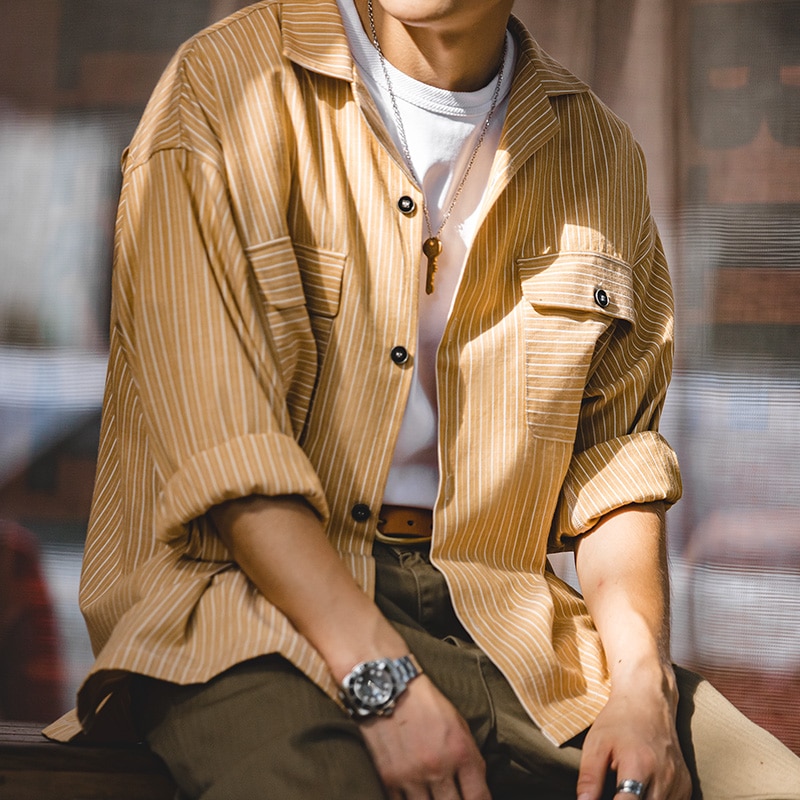 Maden Striped Cuban Collar Retro Patchwork Vintage Men Shirt