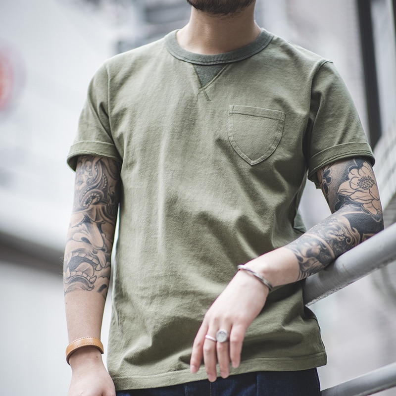 Maden  Summer New Solid Male T-shirt 100% Cotton Retro Army Green Simple Round Collars Pocket Short Sleeves Amekaji Men T-shirt