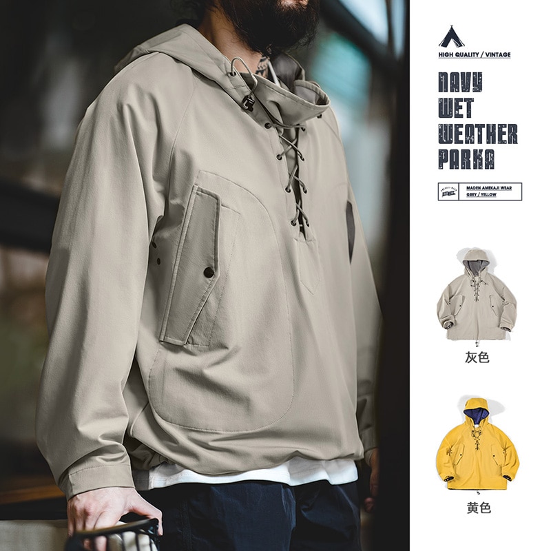 Maden Vintage Hooded Deck Jackets for Men Outdoor Windbreak Drawstring Hoodies Male Oversize Motorcycle Outerwear Big Size Tops