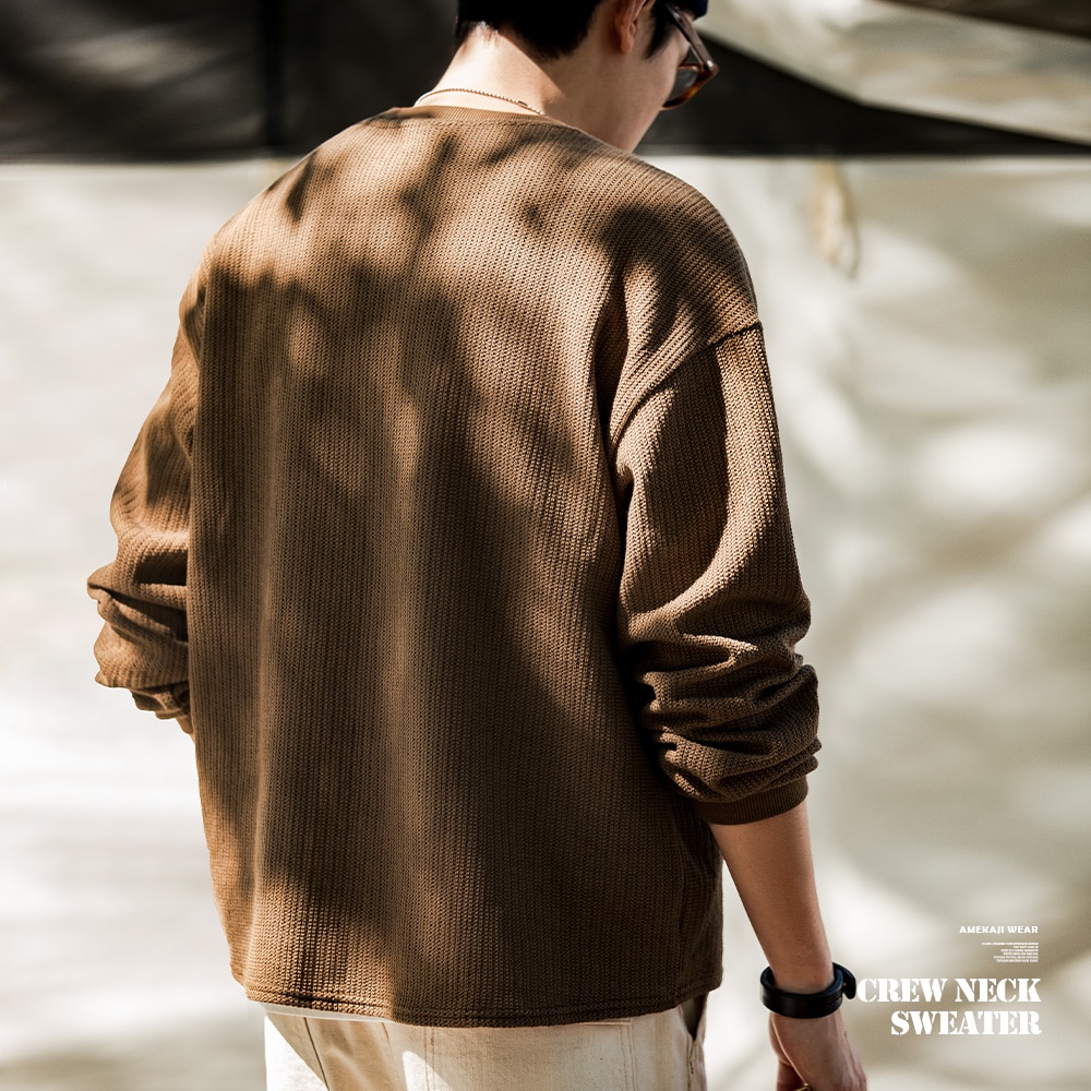 Maden Crew Neck Knitted Hoodies Men’s Warm Lazy Style Loose Pullover Drop Shoulder Vintage Sweater Casual Solid Color Sweatshirt